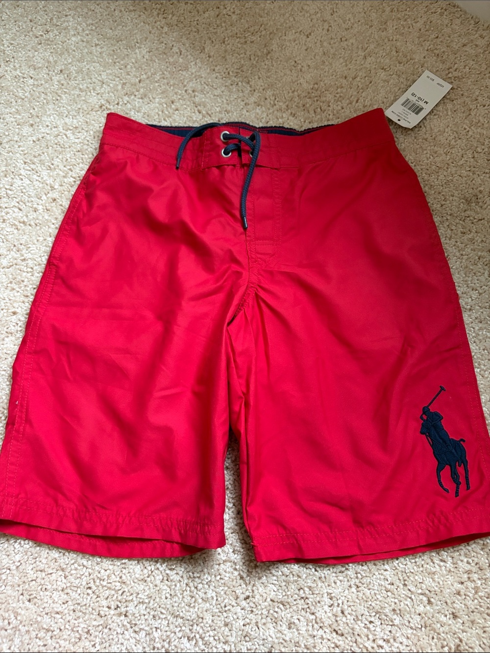 Polo by Ralph Lauren Red Swim Board Shorts with Navy Logo